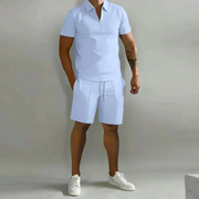 August | Herren Casual Set mit Reißverschluss Poloshirt und Shorts – Hellblau