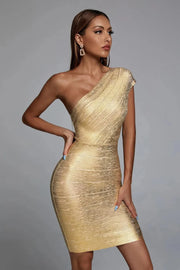 Aurora – Einseitiges Minikleid in Gold mit Glanzeffekt – Gold