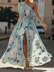 Julie | hellgrünes Blumenmuster-Chiffon-Maxikleid mit Ein-Schulter-Design – Hellblau