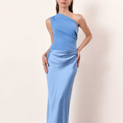 Ein-Schulter-Maxikleid mit Falten für Damen – Blau