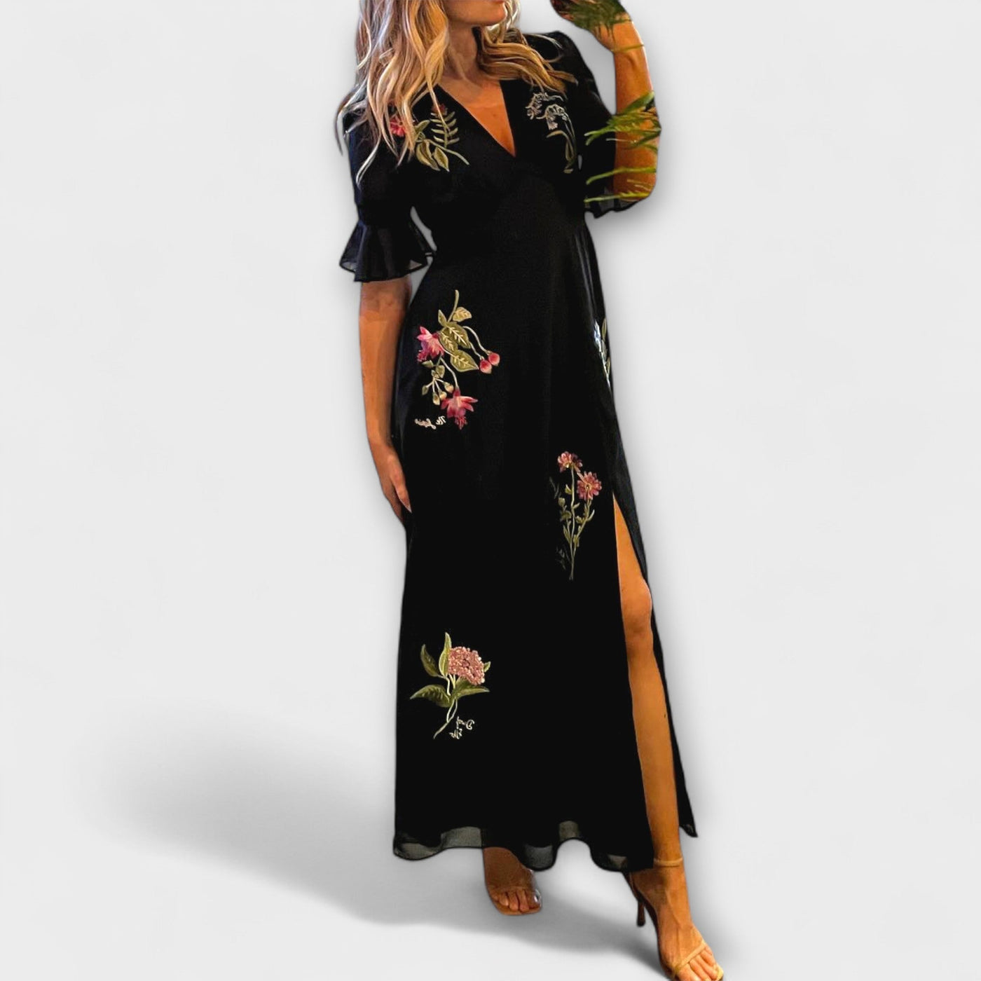 Beatrice - Elegantes Navy Blau Kleid mit Floralstickerei