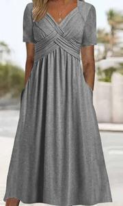 Damen Kurzarm V-Ausschnitt Maxikleid – Grau