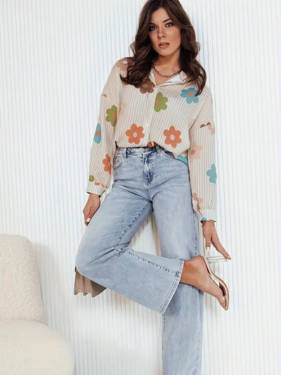 Jennifer | Elegantes Blumen Streifenmuster Button-Up Hemd