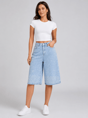 Bermuda Shorts Damen High Waist mit Strass – Denim