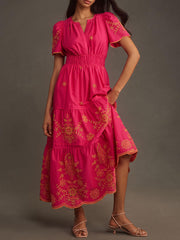Damen Fließendes Bedrucktes Maxikleid Mit Geraffter Taille – Elegantes Sommerkleid – Rosa