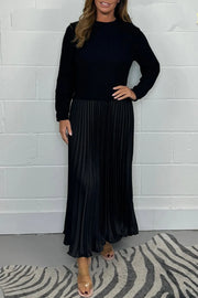 Jette | Damen Strickkleid Midi mit Plisseerock – Schwarz