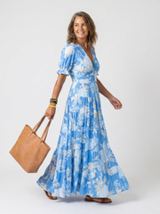 Brunhilde | Damen V-Ausschnitt Blumen Maxi Kleid – Blau
