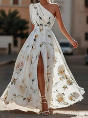 Julie | hellgrünes Blumenmuster-Chiffon-Maxikleid mit Ein-Schulter-Design – Weiß