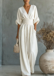 Solavie - Fließender weitbeiniger Jumpsuit – Weiß