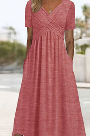 Damen Kurzarm V-Ausschnitt Maxikleid – Rosa