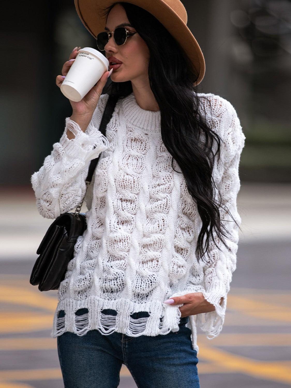Strickpullover mit Zopfmuster | Distressed-Details | Lässiger Streetstyle