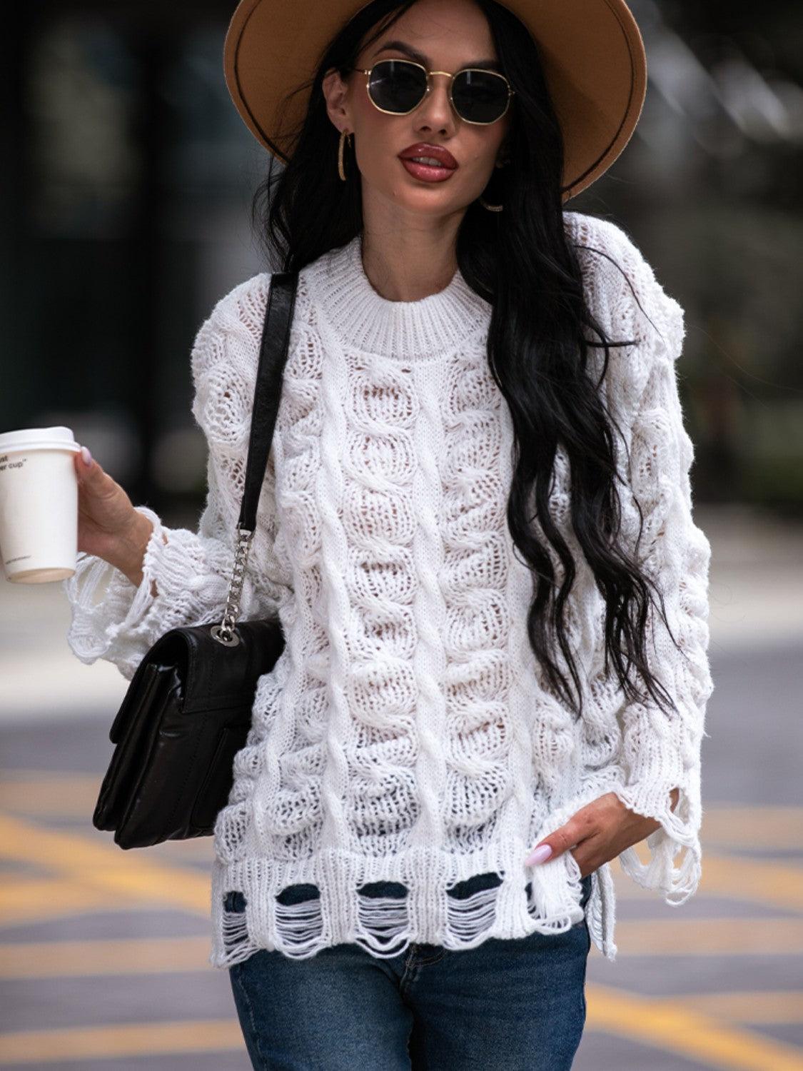Strickpullover mit Zopfmuster | Distressed-Details | Lässiger Streetstyle