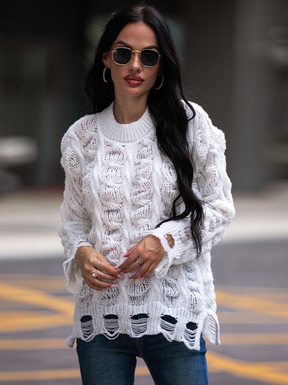 Strickpullover mit Zopfmuster | Distressed-Details | Lässiger Streetstyle