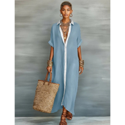 Carola | Damen Locker Leinen Maxikleid – Blau
