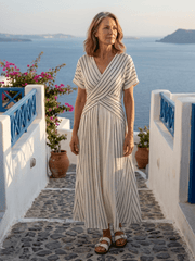 Karola | Damen Midikleid Überkreuzte Taille – Crossover Sommerkleid Büro & Party 2026 – Gestreift