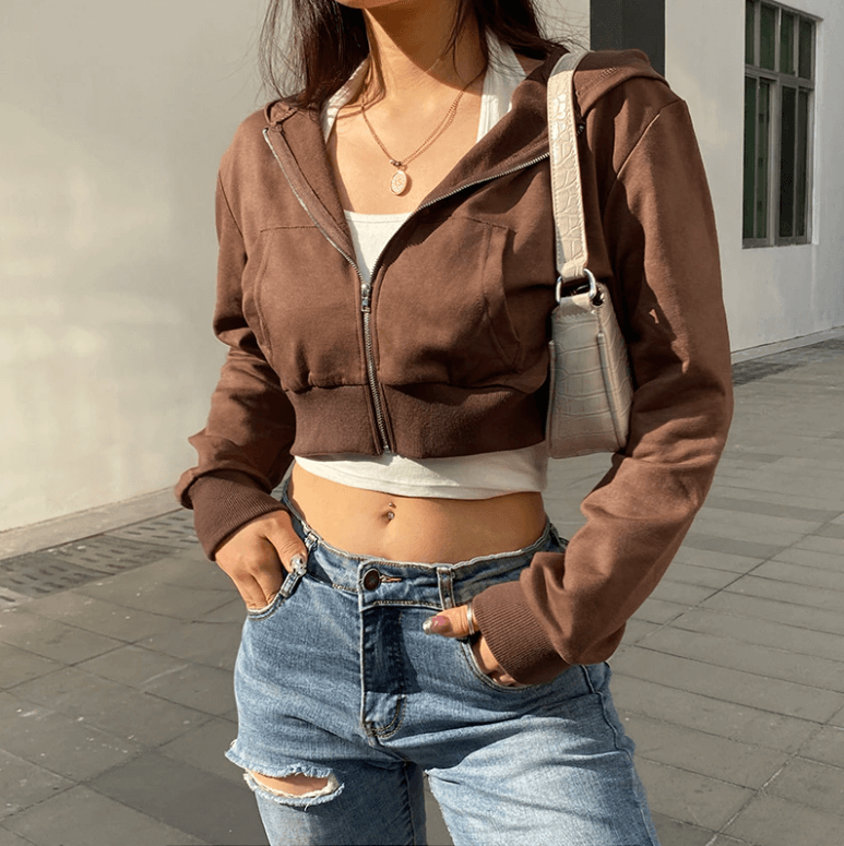 Trendige Figurbetonte Damen Cropped Zip-Up Hoodie mit Kapuze – Alina