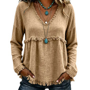 Ariselle - Bluse mit Fransenbesatz und V-Ausschnitt – Khaki
