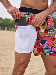 Herren Schnelltrocknende Badehose Mit Kompressions-Innenshorts – Sportliche Strandshorts – Karminrote Blätter