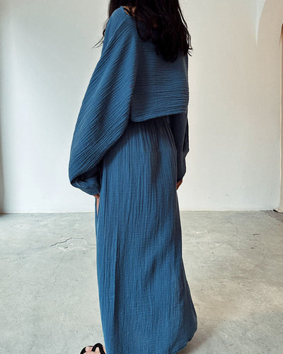 Damen Leinen Zwei-Teiler mit kurzem Oberteil und Rock mit hohem Schlitz