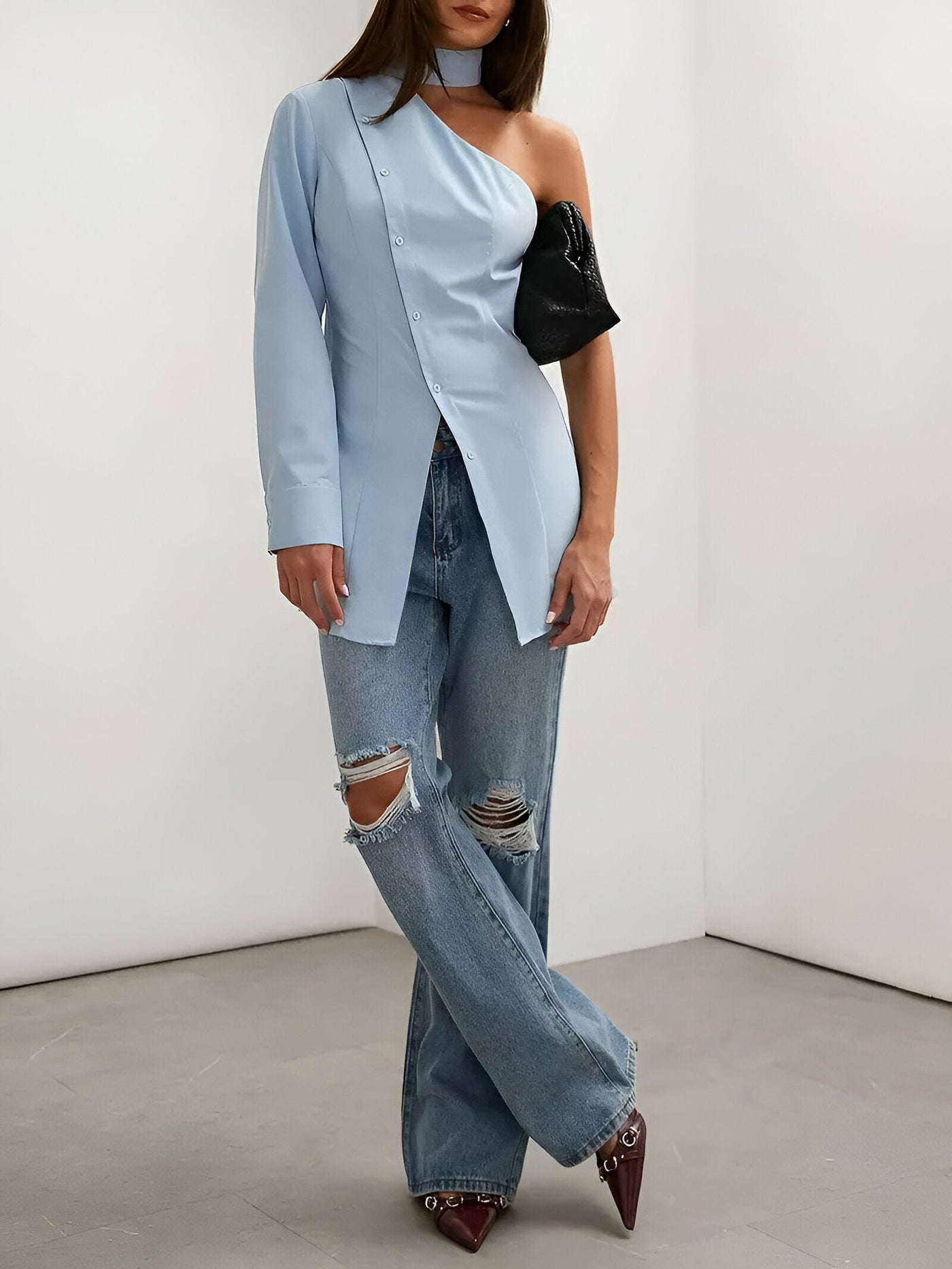 Mahenyld - elegantes damen-one-shoulder-shirt mit langen armeln