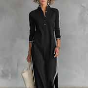 Damen-Maxi-Sweatkleid mit Knopfleiste und Kragen – Schwarz