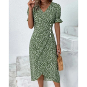 Dagmar | Damen Sommerkleid Wickel Blumen Moderner Stil – Grün