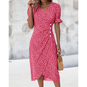 Dagmar | Damen Sommerkleid Wickel Blumen Moderner Stil – Rot