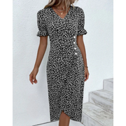 Dagmar | Damen Sommerkleid Wickel Blumen Moderner Stil – Schwarz