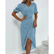 Dagmar | Damen Sommerkleid Wickel Blumen Moderner Stil – Blau