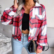 Mia | Damen Karierter Strickpullover Oversize Flanell Shacket Langarm – Rot