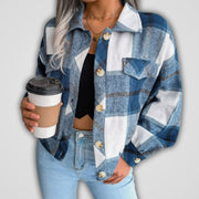 Mia | Damen Karierter Strickpullover Oversize Flanell Shacket Langarm – Blau