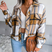 Mia | Damen Karierter Strickpullover Oversize Flanell Shacket Langarm – Khaki