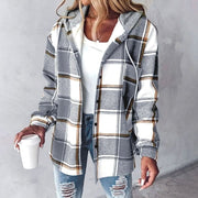 Amelie | Damen Karo Hoodie Jacke mit Kapuze Lockere Passform Winterjacke – Grau