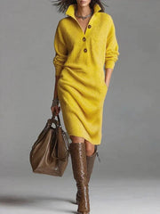 Damen Kleid Midi Knopfleiste – Gelb