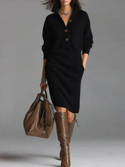 Damen Kleid Midi Knopfleiste – Schwarz