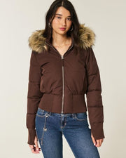 Damen Cropped Langarm Pufferjacke mit Kapuze – Braun