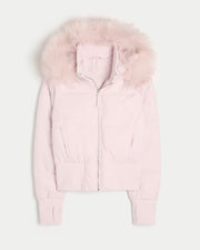Damen Cropped Langarm Pufferjacke mit Kapuze – Rosa