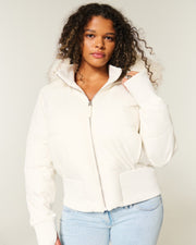 Damen Cropped Langarm Pufferjacke mit Kapuze – Weiß