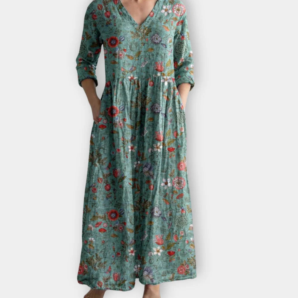 Damen Midikleid mit V-Ausschnitt in Grün Floral-Print