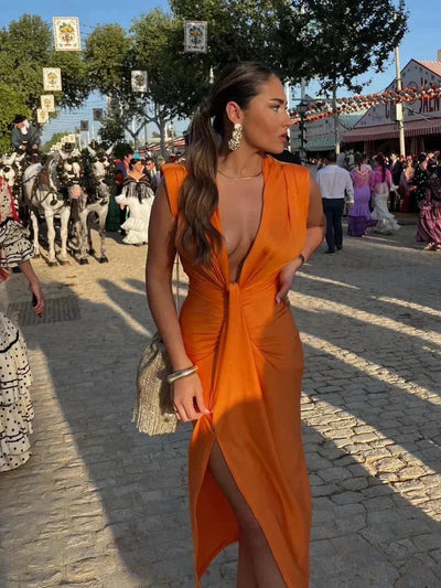 Damen Maxikleid mit V-Ausschnitt und Raffungen