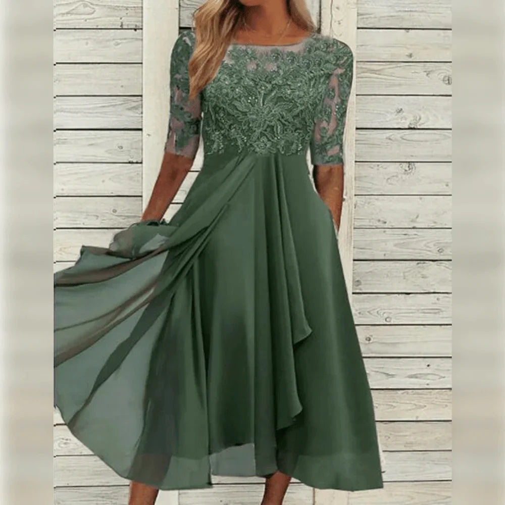 Damen Midikleid mit Spitzenoberteil und asymmetrischem Saum