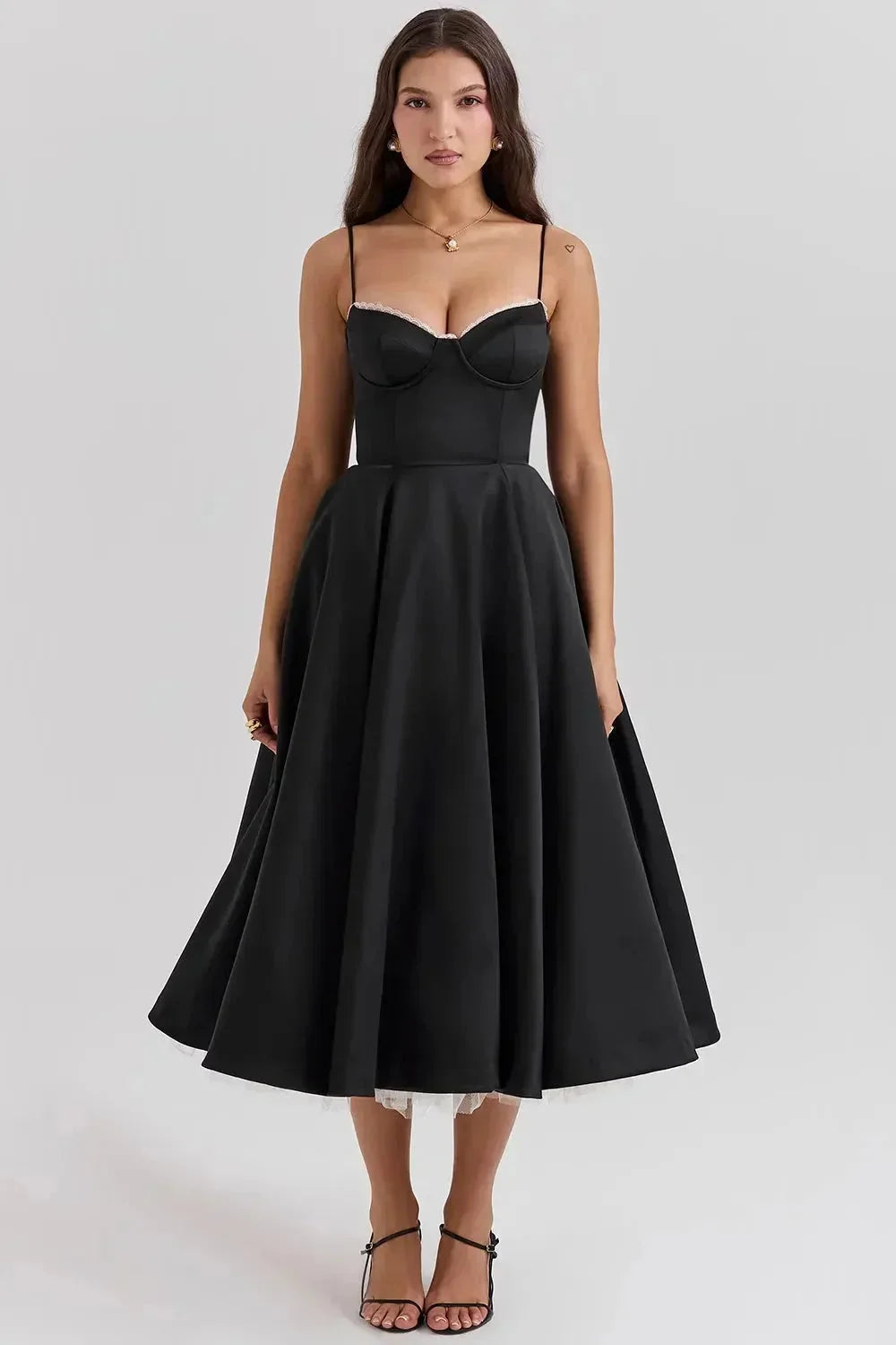 Damen Midi Satin Kleid in Schwarz mit Cremefarbenem Tüll