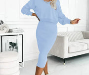 Nora | Damen Midikleid mit Sweatshirt-Oberteil figurbetontes Zweiteiler-Set – Hellblau