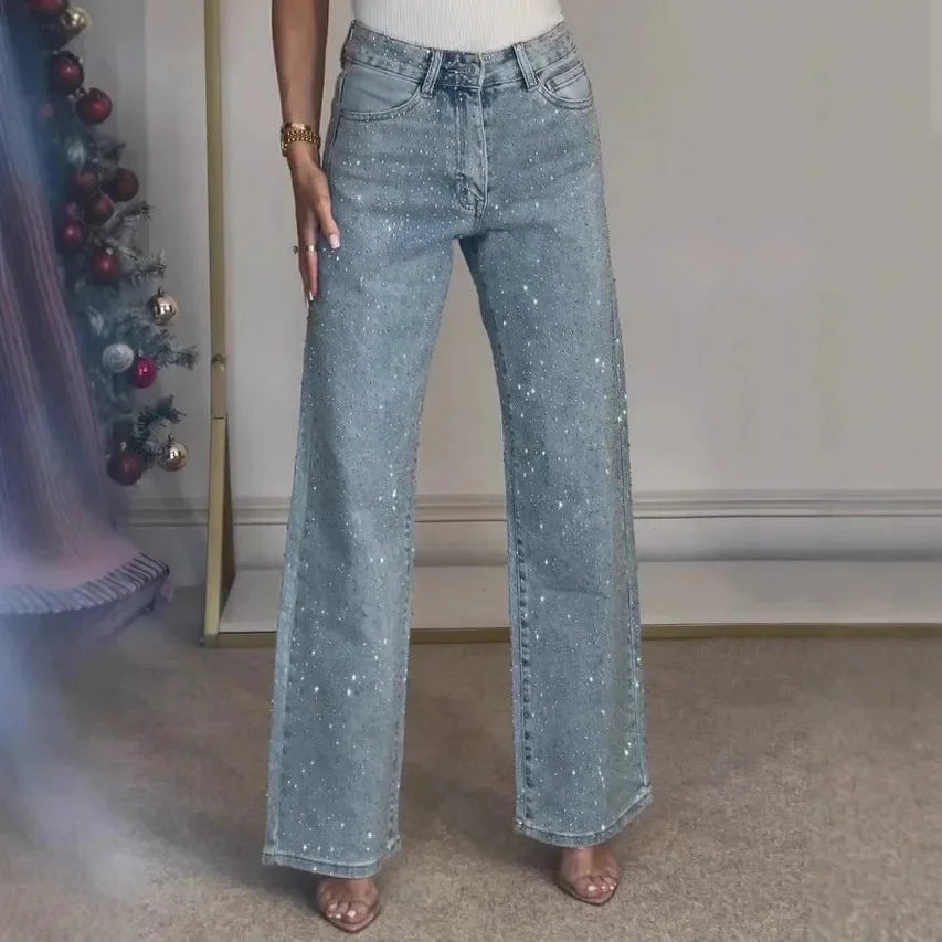 Damen High Waist Wide Leg Jeans mit Strass-Steinen