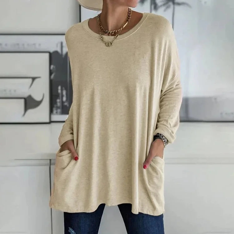 Damen Oversize Pullover mit Rundhalsausschnitt und Taschen