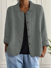 Marie | Damen Strickjacke leichte Baumwoll-Leinen Hemd-Cardigan mit Knöpfen – Grau