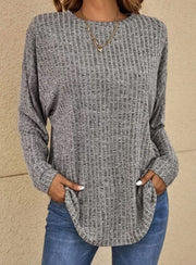 Mia | Damen Strickpullover Langarm Rundhals Waffle-Knit Oversized – Grau