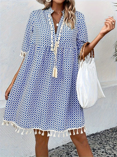 Damen Tunika Minikleid mit Quasten in weiß und blauem Muster