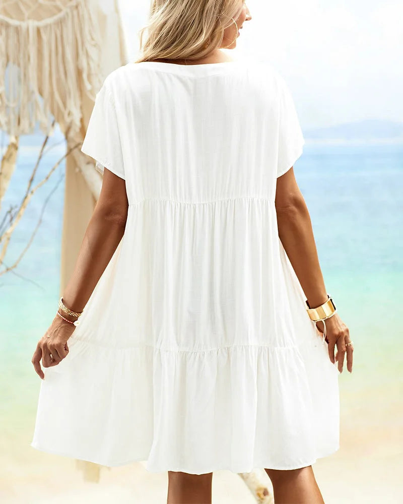 Damen Minikleid mit V-Ausschnitt, Rüschen und kurzen Ärmeln