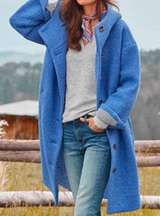 Mia | Damen Wintermantel mit Kapuze und Knöpfen aus weichem Wollstoff – Blau